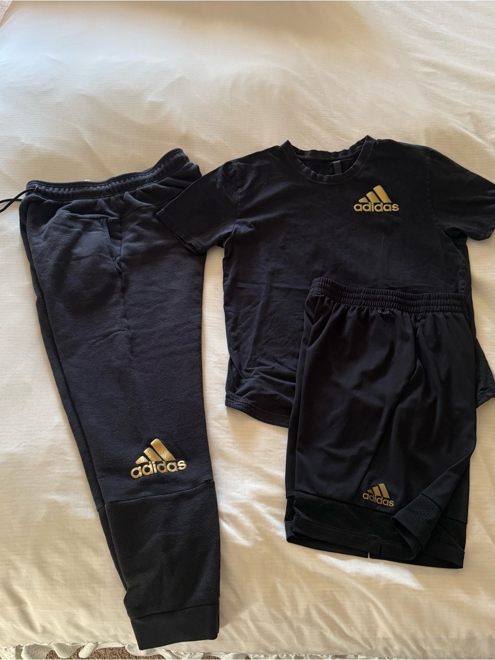 Adidas boys  3 piece set :Black Tee, Joggers & Shorts Set with Gold Logo
